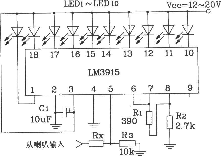 LM3915构成音频/音量电平显示电路图