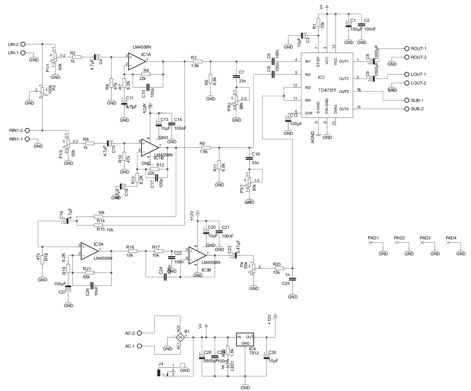 TDA7377制作的2.1声道立体声重低音2×12W加37功放